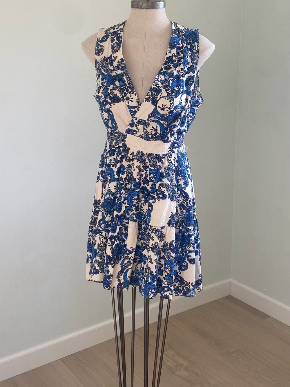Christian Lacroix Blue & White Sleeveless V-Neck Mini Dress